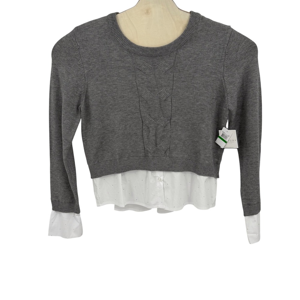 NWT Laundry By Shelli Segal Mix Media Sweater Women L Grey White Preppy Chic